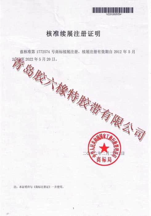 Jiaoliu Trademark Renewal Certificate